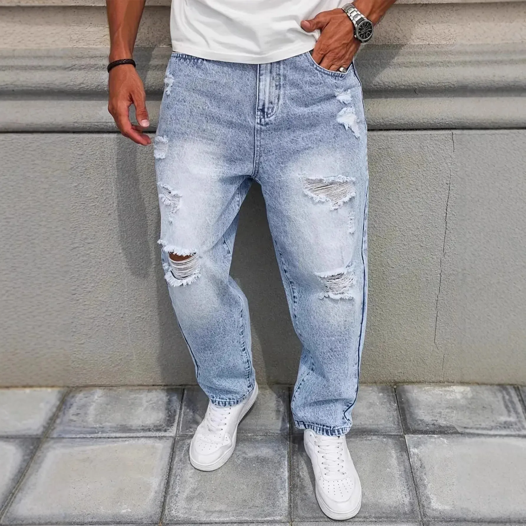 Light Blue Washed Ripped Frayed Denim Jeans For Men Non Stretch Straight Leg Loose Baggy Distressed Pants Vintage Y2K Hip Hop Da — image 4