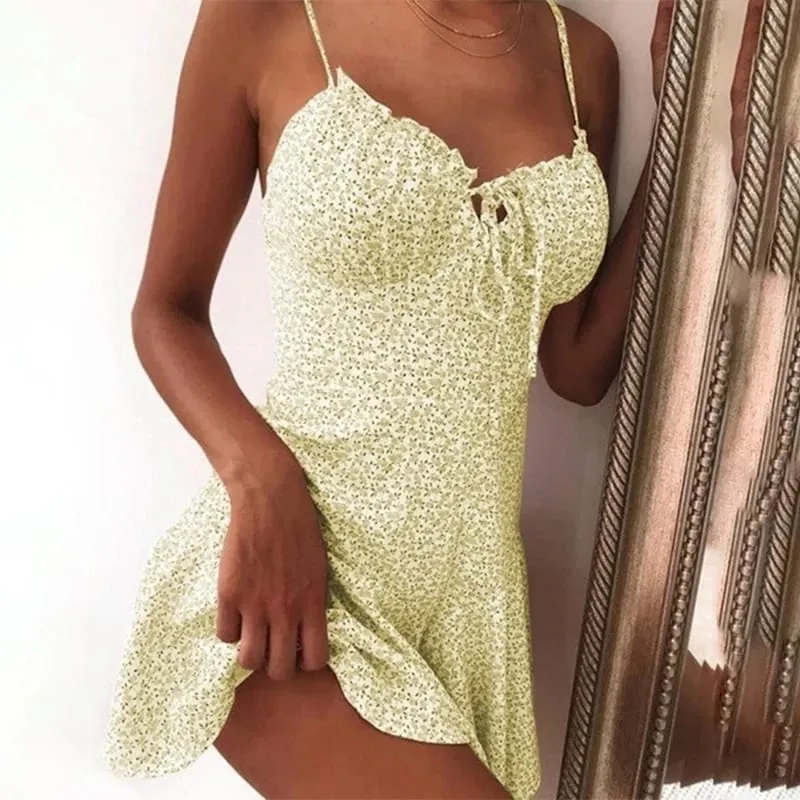 2023 feminino verão cinta de espaguete floral impressão gravata frente mini vestido y2k sexy vestido patry praia estilo novo all-match saia floral — image 4
