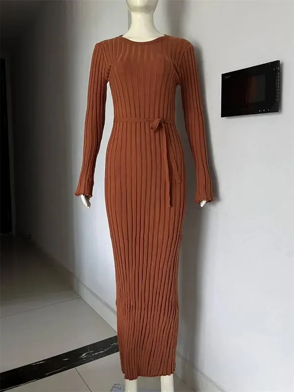 Tossy vestido feminino de malha com cadarço, maxi vestido outono cintura alta moda patchwork manga comprida solto vestido sólido bandagem vestido de malha — image 11