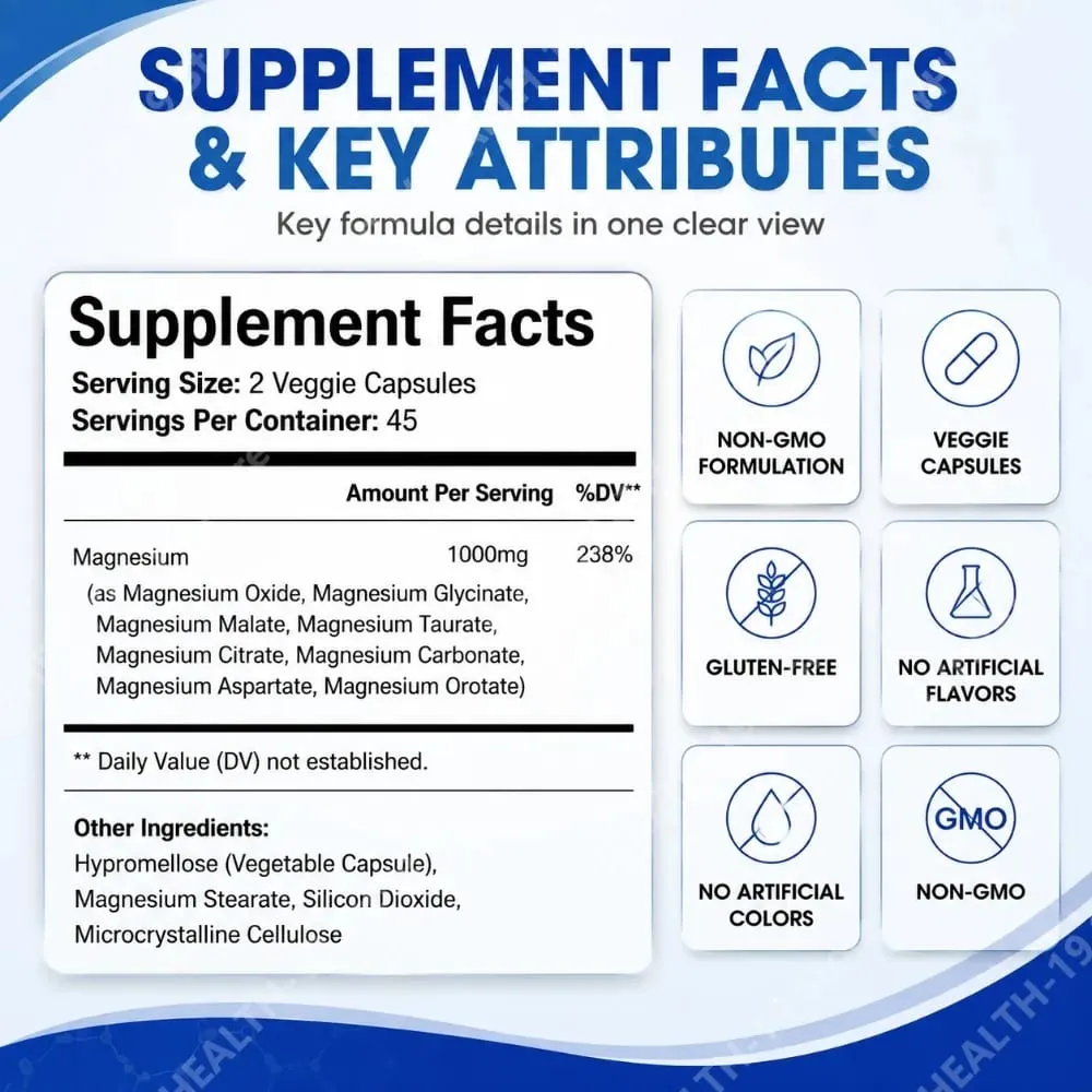 Magnesium Complex Kapsler 8 Former 1000mg Oxid Glycinate Malat Til Søvn Knogle Muskel & Wellness Support Voksen 90 Count — image 3