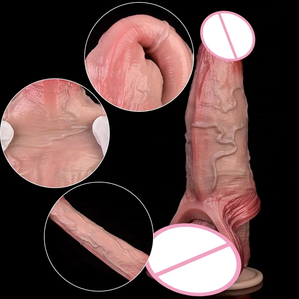 Ultra Realistic Vibrating Penis Sleeve Soft Silicone Hollow Cock Extender Vibration Adult Toy For 18+ Couples Sex Pleasure