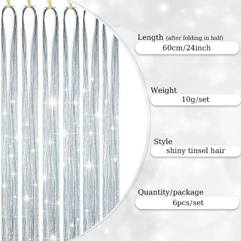 Synthetic 6PCS Sparkle Shiny Tinsel Hair Extensions Colored Long Straight Tinsel Kit 1200 strands Hairpiece for Girls Party Use — image 3