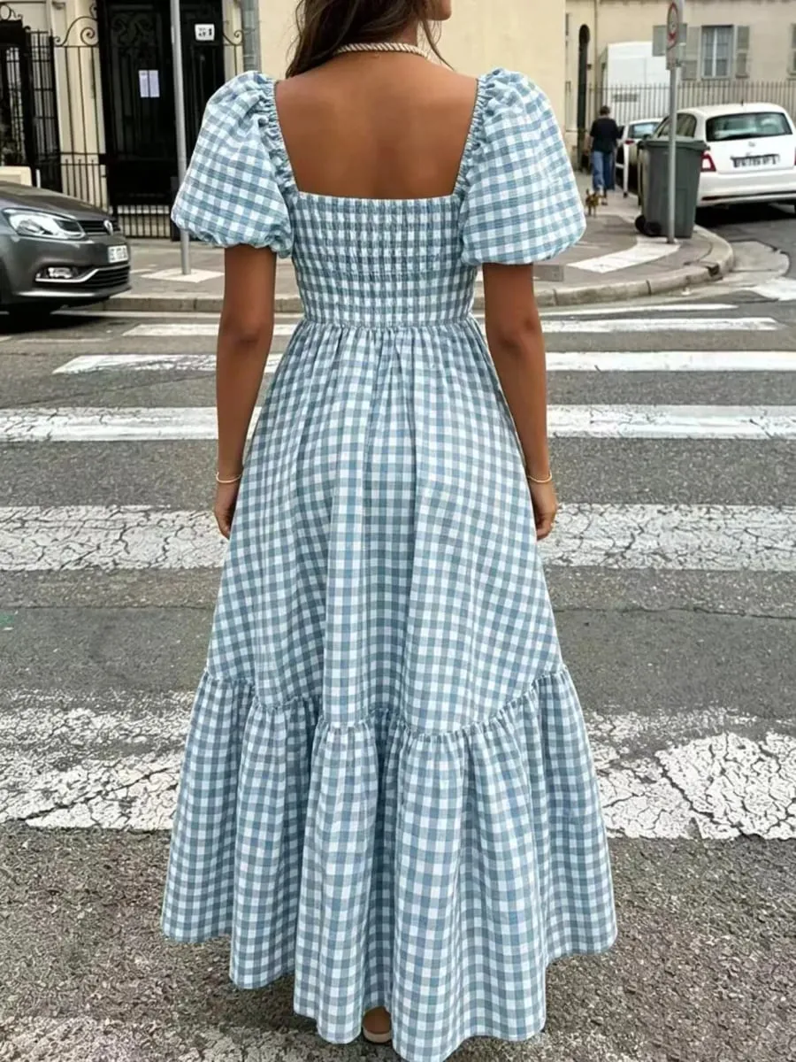 Women's Gingham Maxi Dress Square Neck Puff Sleeve Tiered Ruffle Hem Smocked Waist Casual Long Dress — image 4