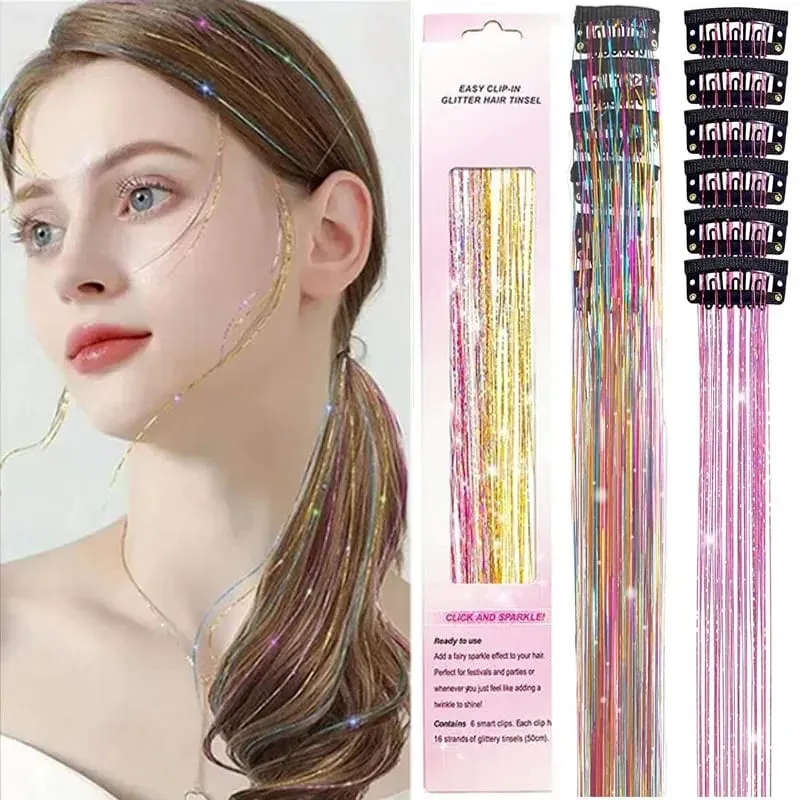 6Pcs Hair Tinsel Clip in Hair Extensions 20 Inch Synthetic Colorful Shiny Sparkle Glitter Tinsel Hair for Women Girls Cosplay — image 2