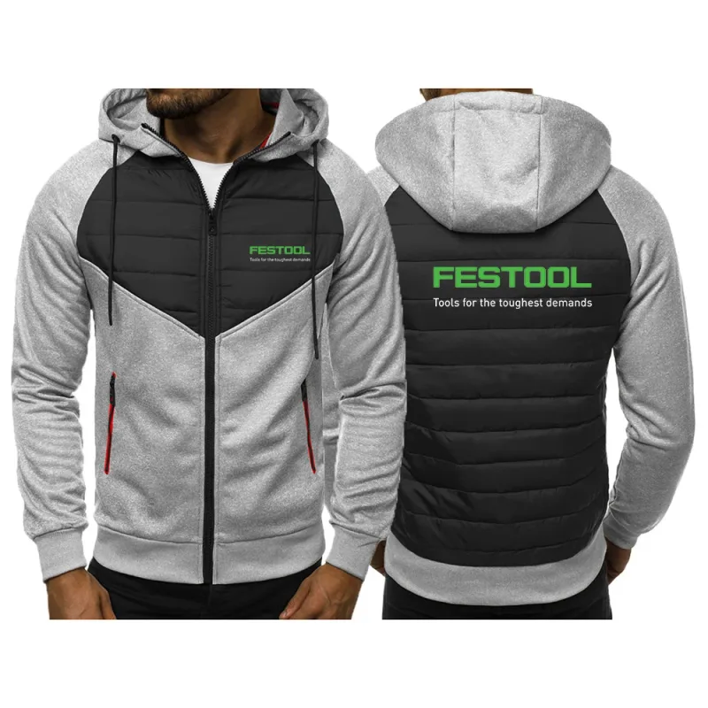 2025 Personality Patchwork Huvtröjor Vår Och Höst Dragkedja Huvkappa Herr Festool Verktyg Grafik Logotyptryck Slim Jacka — image 6