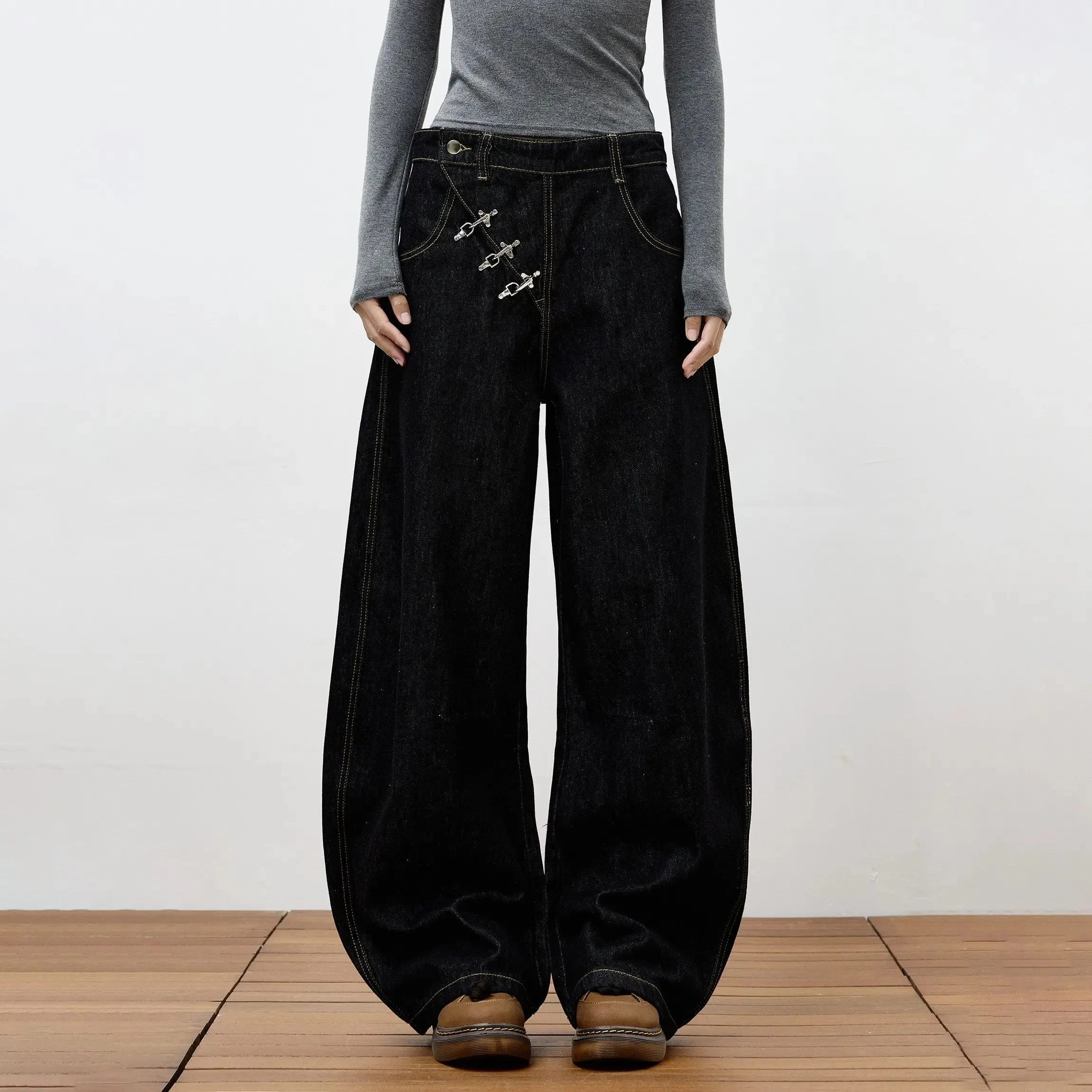 High Retro Hip Hop Wide Leg Raw Denim Jeans Women Airplane Buckle Design Curved Hem Floor Length Jeans Streetwear Daily Clothes — image 7