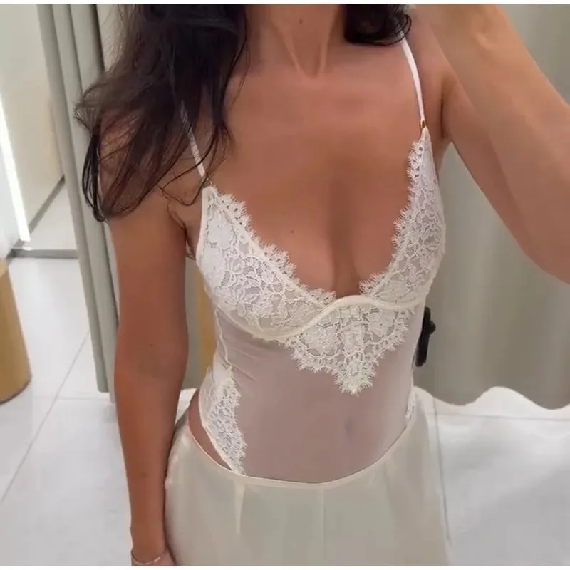 Lace Splice Sheer Bodysuit V Neck Spaghetti Strap Fitted 2026 Summer Women Club Fashion Outfit Party Trendy Slim Lingerie — image 10