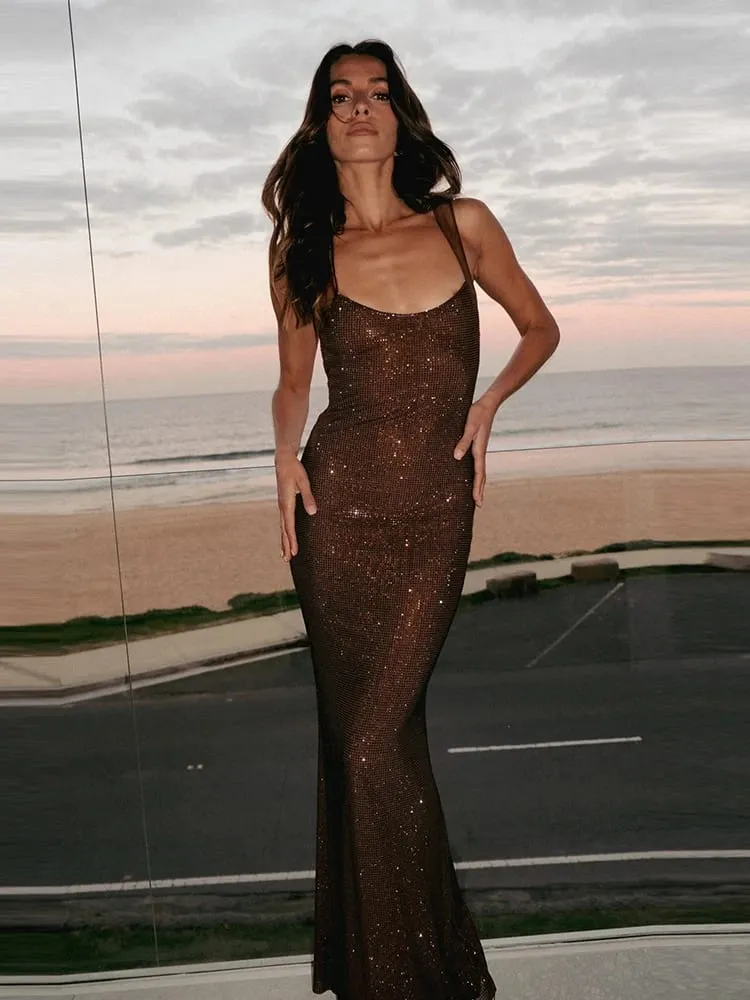 Sexy Square Collar Mesh Patchwork Diamonds Long Dress Women Backless Shiny Rhinestone Slim Dresses Evening Party Cocktail Gowns — image 2