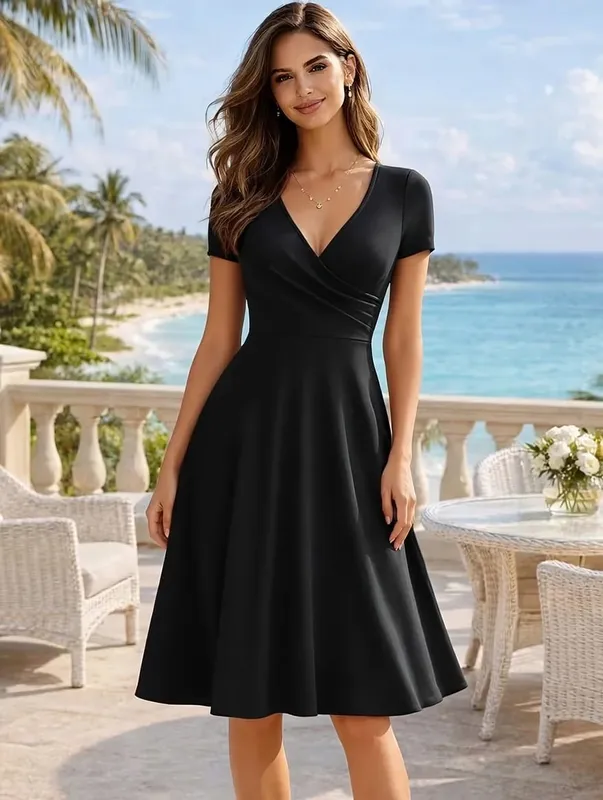 Pambabaeng Elegant Round Neck Summer Short Sleeve Solid A-Line Hanggang Tuhod na Dress High Waist Swagger Party na Kaswal na Pag-alis ng Kasal