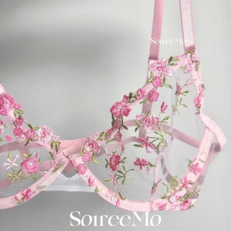 Pink Floral Lingerie Set Tulle Bra Embroidered Bralette Sweet Sexy Christmas Gift for Her Valentine Present CA S-XL MOYISU Tushy