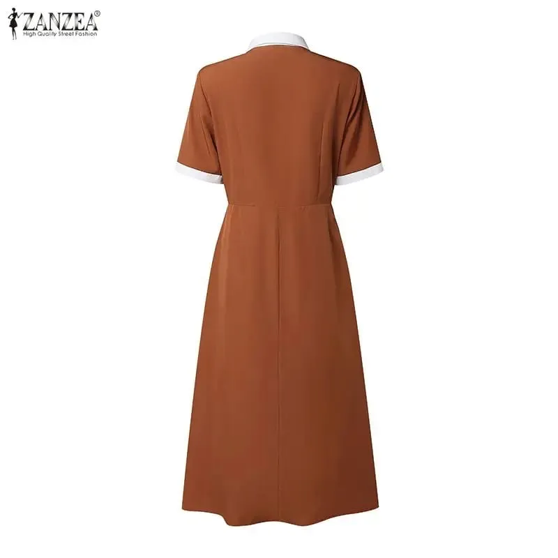 Professional OL Dress ZANZEA Women Summer Sundress Stylish Lapel Neck Short Sleeve Pleated Sundress Elegant A Line Work Dresses — image 3