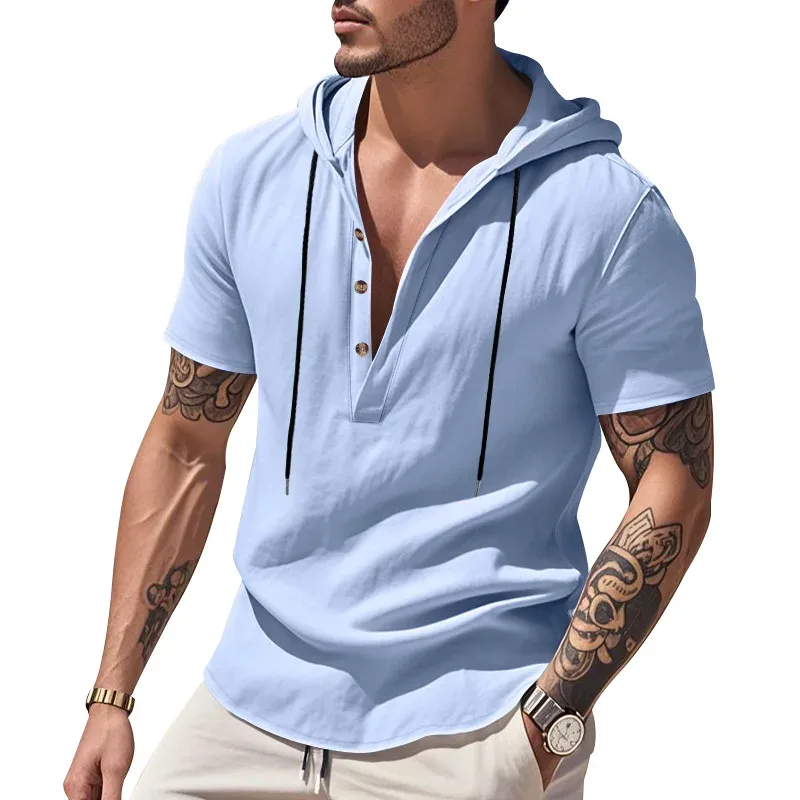 Hoodies men's sweatshirt 2026 summer linen hooded beach casual drawstring short-sleeved T-shirt sweatshirt man's clothing