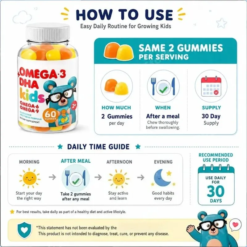 Kids Omega 3 DHA Gummies with Omega 6 & 9 Vitamin C for Brain Eye & Heart Support Vegetarian Gluten Free Ages 2+ 60 Count