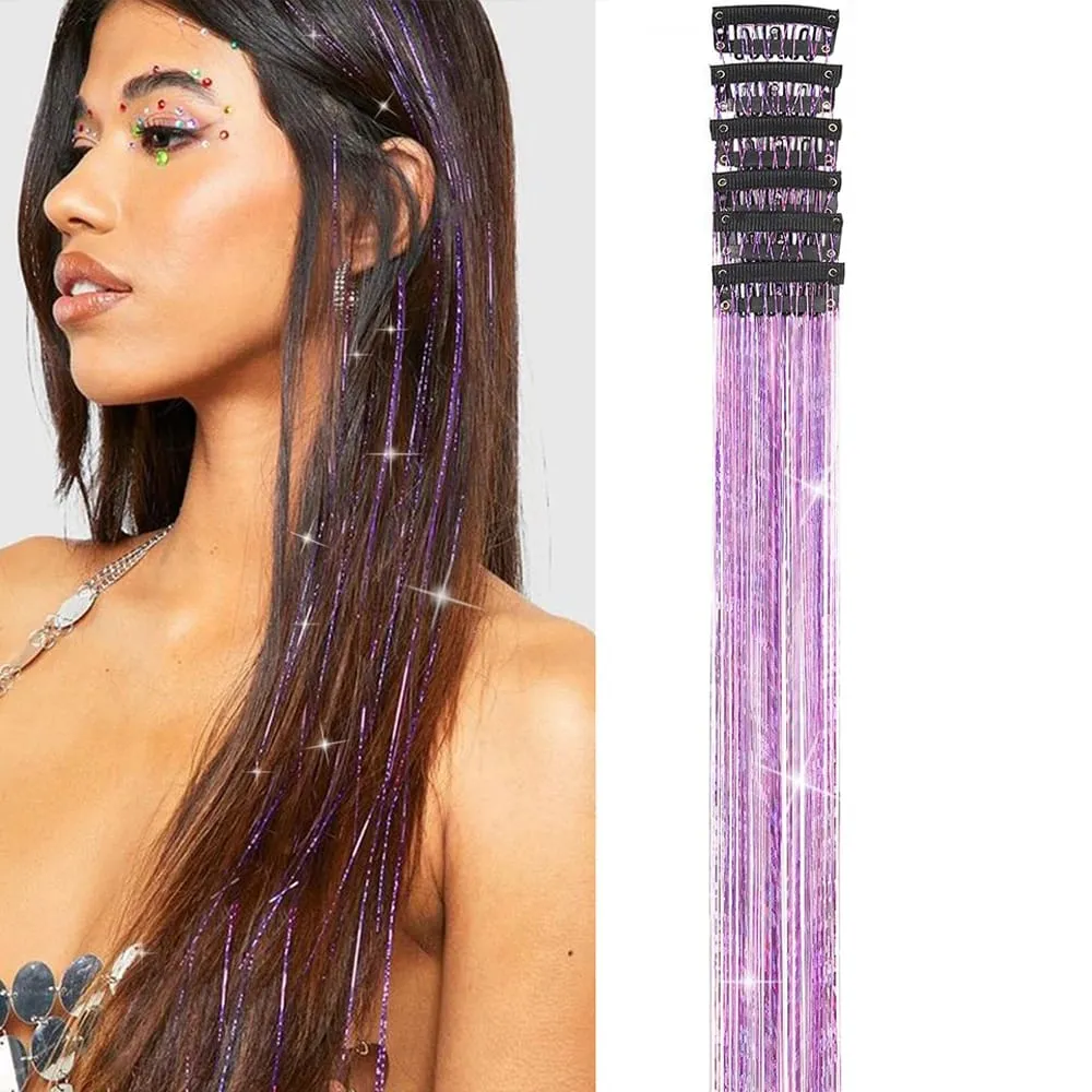 Hair Tinsel Pack of 6 Pcs Hair Tinsel Clip in Glitter Tinsel Hair Extensions Synthetic Hair Tinsel Kit Party Festival Fairy Hair — image 9