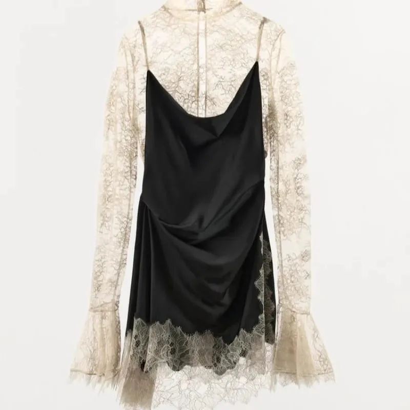 Elegante renda retalhos vestido curto feminino ver através de gola alta manga alargamento vestidos de festa 2025 outono senhora roupões de noite