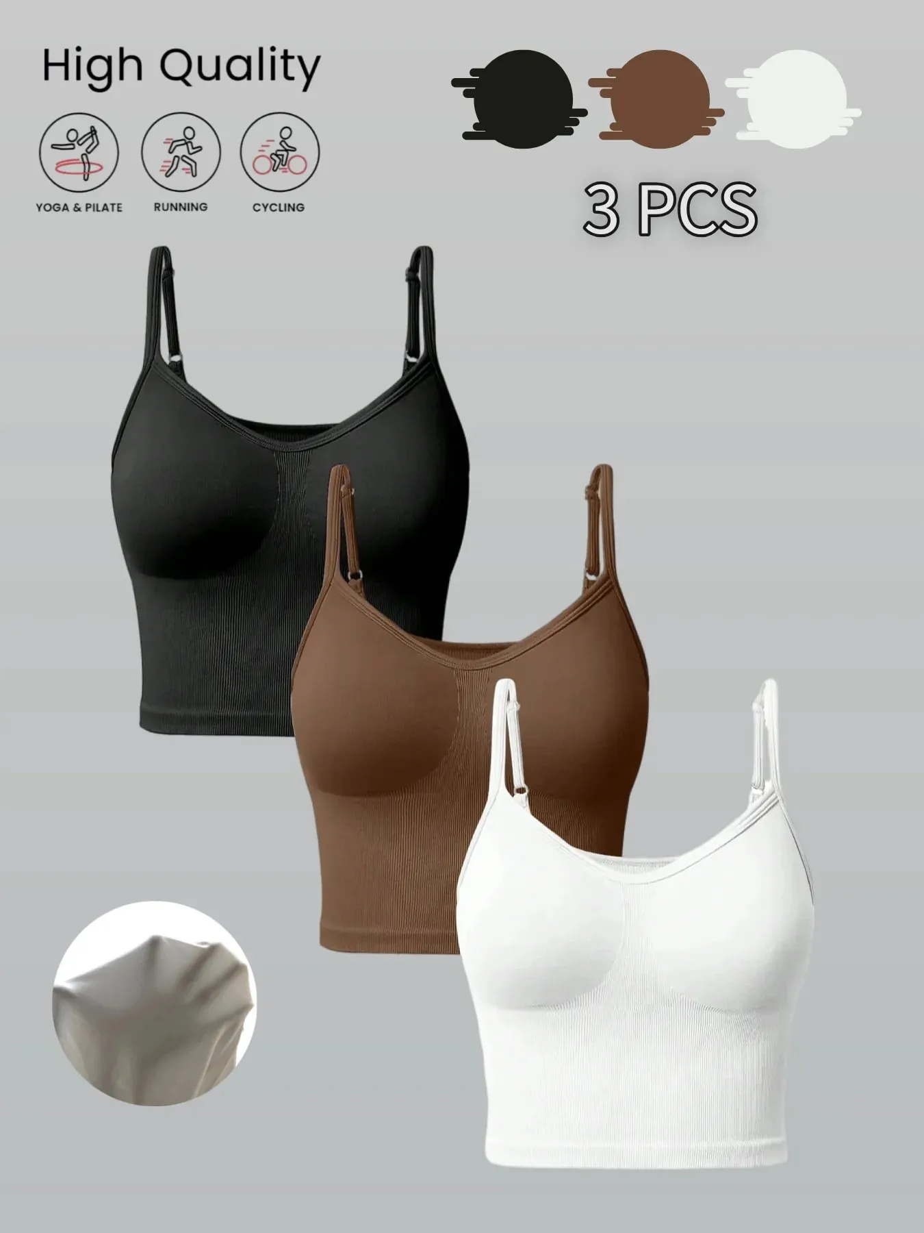 Women 3‑Pack Yoga Fitness Crop Tank Tops Seamless Ribbed Cami with Padded Cups Adjustable Thin Strap Sleeveless Workout Sports — image 1