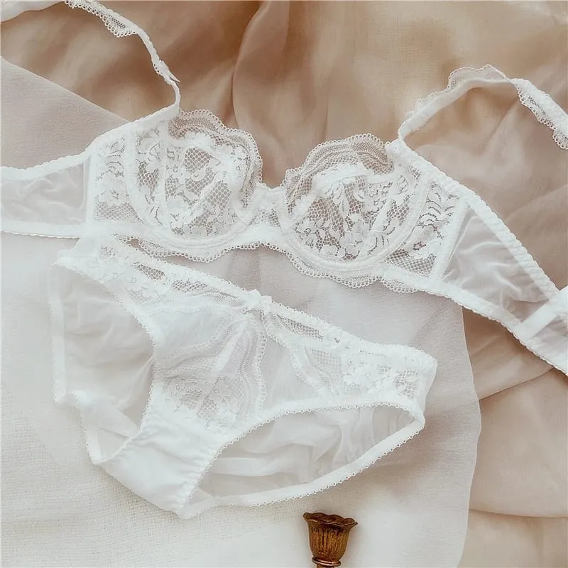 Feminino ultra-fino renda roupa interior conjunto de sutiã reunindo anéis de aço superior transparente tamanhos grandes lingerie cuecas terno — image 4