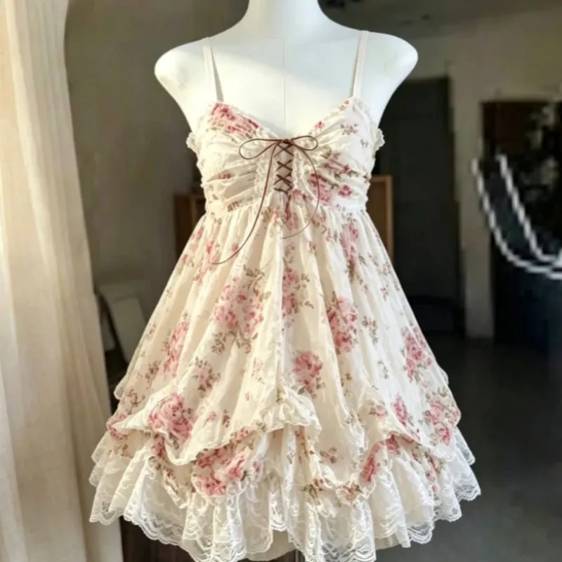 2026 mulher japonesa doce renda flor y2k estética bandagem vestidos grunge harajuku sem mangas retalhos vestido vintage chique — image 2