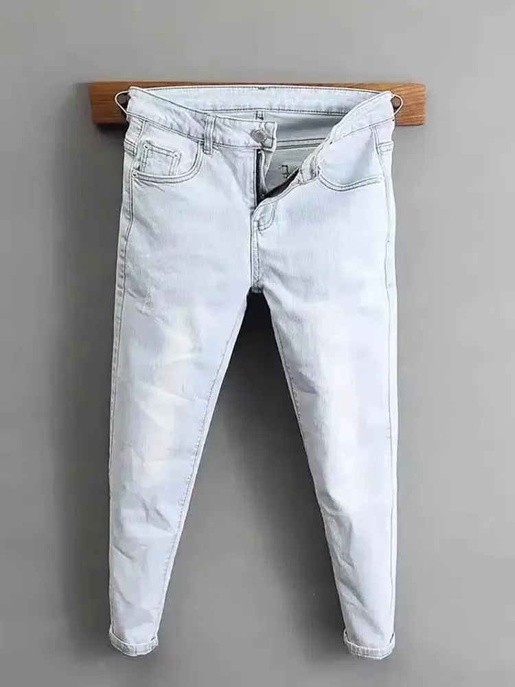Ropa de los años 2000, pantalones vaqueros de color claro para hombre, novedad de primavera y otoño de 2025, pantalones ajustados de color azul claro, pantalones elásticos de trabajo de marca a la moda