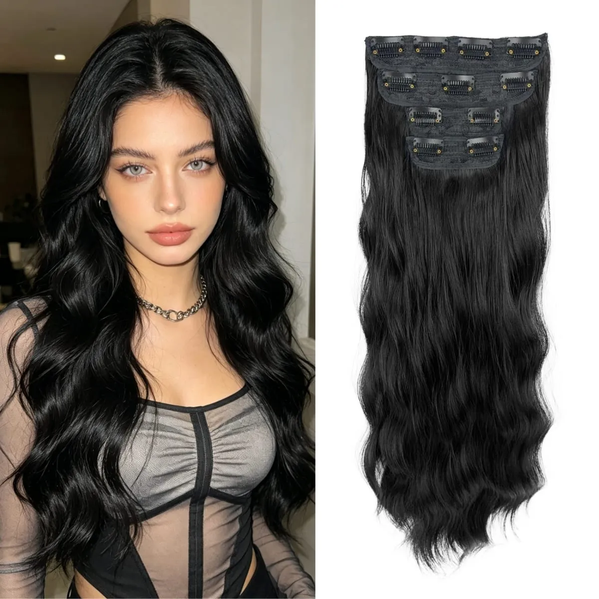 4-Piece Set Women's Synthetic Clip-in Wig Extensions Long Wavy Thick Clip-in Wig Pieces Voluminous Wig