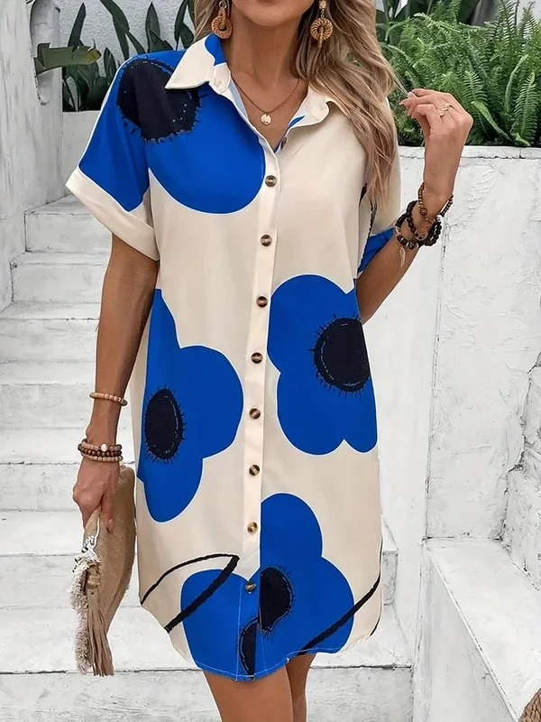 2025 Ny sommar Vardaglig Casual kortärmad skjorta för kvinnor Söt mode enkelknäppt klänning Blommönster Elegant klänning — image 6