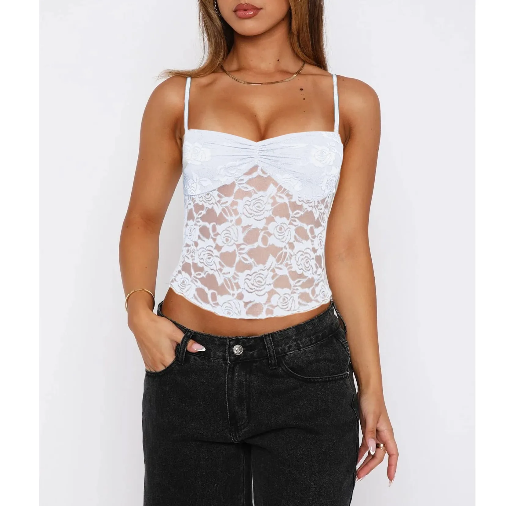 Women's Summer Lace Cami Tops Sleeveless Ruched Front Solid Color Camisole Slim Fit Tank Tops — image 3