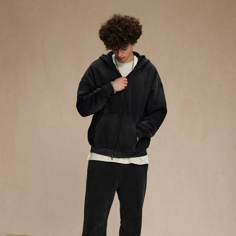 Moletom com capuz masculino com zíper, tie-dye lavado, cardigan duplo grande, solto, plus, gradiente de pelúcia, pulôveres com capuz para inverno — image 6