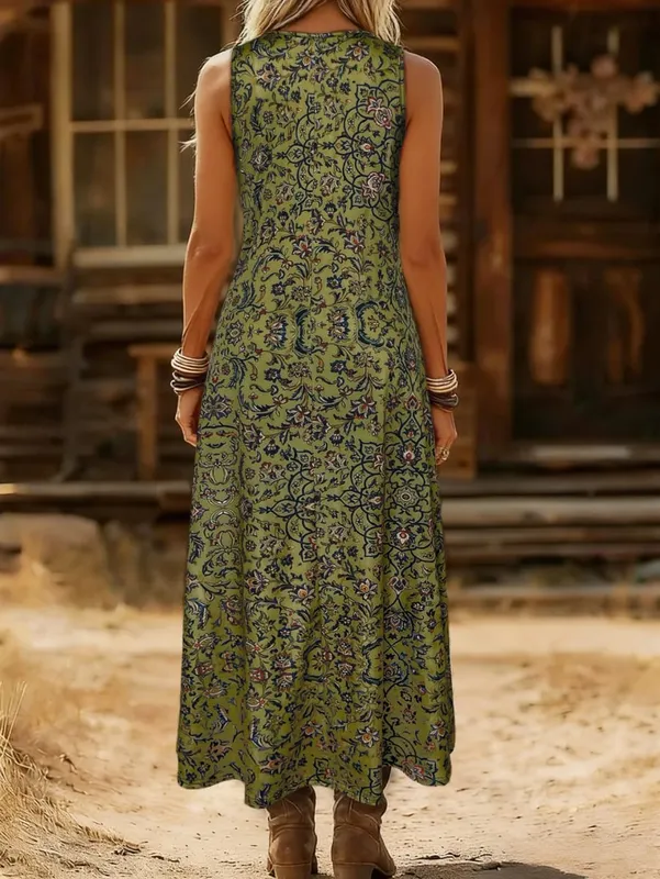 Women's Vintage Floral Print Sleeveless Maxi Dress Round Neck Loose A Line Casual Sundress Summer Boho Vacation Long Dress — image 3