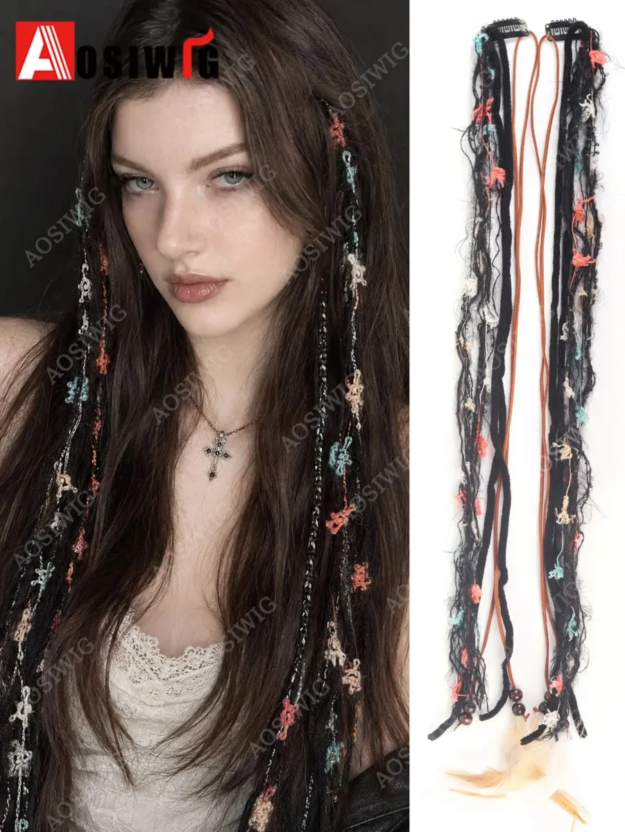 Synthetic Boho Braided Hair Extensions for Women Clip In Festival Hairpiece with Beads Feathers Hippie Hair Accessories