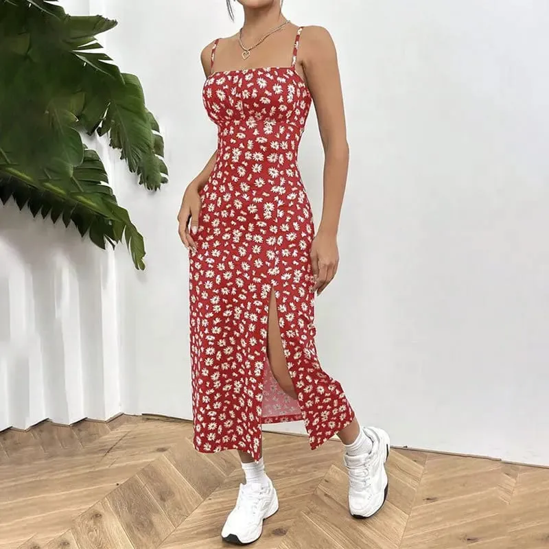 Y2K Elegant Women's Clothing SummerTrend Flower Print Spaghetti Strap Sleeveless with High Slit Ladies Bodycon Vintage Dresses
