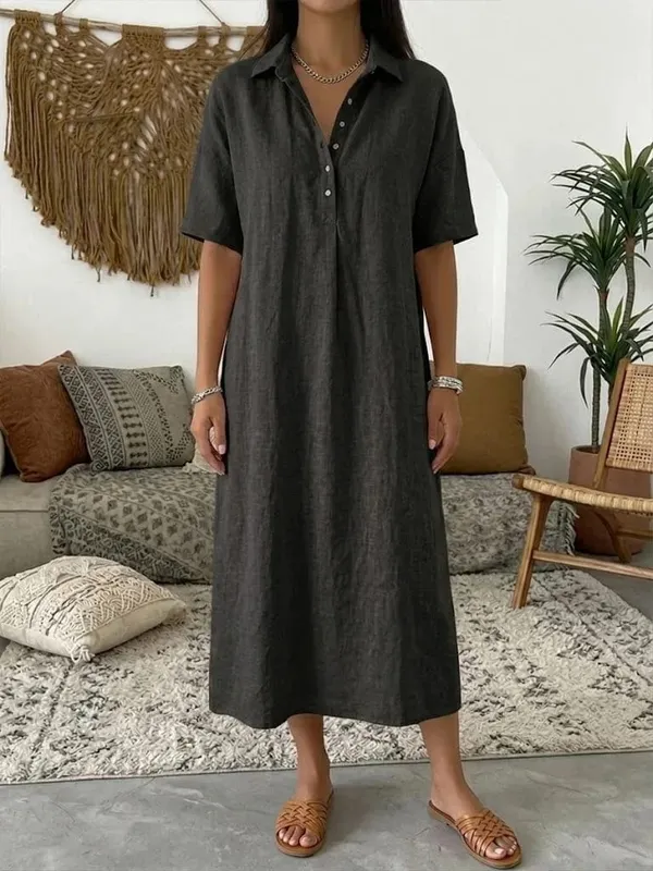 2026 Women's Spring and Summer New Casual Straight-Cut Comfortable Polo-Neck Linen Short-Sleeve Dress — image 4