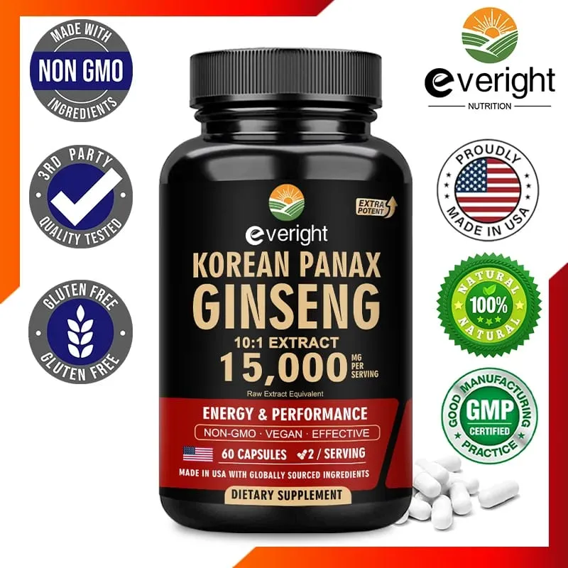Red Korean Ginseng Supplement for Men - Extra Strength 10:1 Extract - Energy Focus Productivity Performance - Natural & Vegan