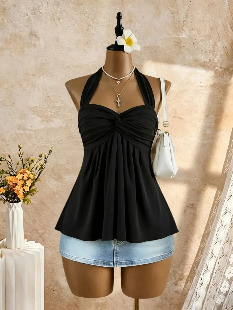 Women Halter Twist Front Sweetheart Neck Flared Peplum Camisole 2026 Summer Y2K Solid White Sleeveless Flowy Beach Vacation Tank — image 9
