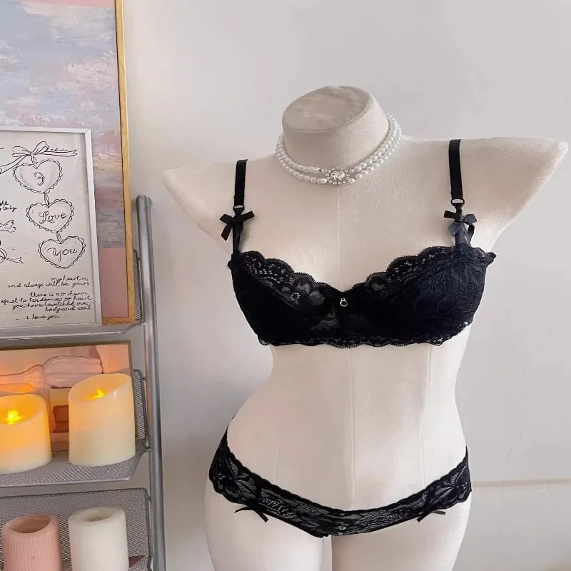 Elegant Lace Half Cup Bra Set Women Soft Underwire Gathered Thin Support Modest Exquisite Lace Comfort Lingerie Set 4 Colors 32- — image 5