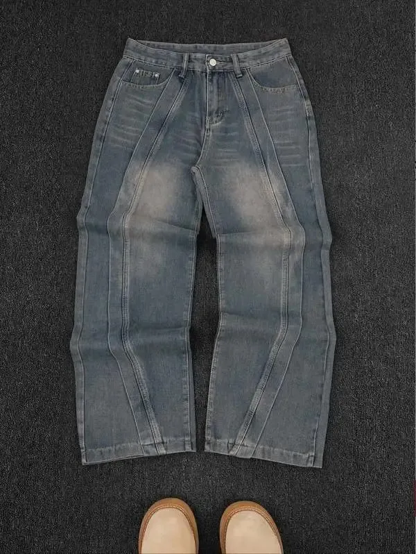 Mens Jeans American Vintage Streetwear Dark Blue Wide Leg Denim Pants Patchwork Contrast Stitch Washed Loose Fit Retro Fashion — image 8