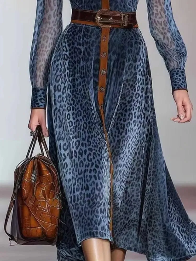 Kvinnor Elegant Klänning Leopardtryckt Mesh Klänning Colorblock Lapel Krage Enkelknäppt Vintage Chic Långärmad Klänning — image 2