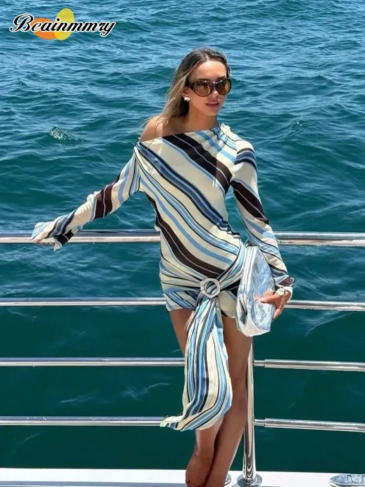 Lady Long Sleeve Striped Dress High Waist Stretch Beach Pang-araw-araw na Casual Lace Up Soft Mini Dresses 2026 Fashionable Vacation Gowns — image 2
