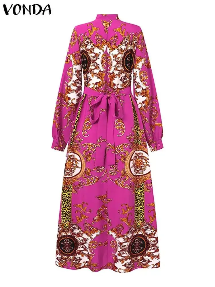 Maxiklänning 2024 Sommar Kvinnor Bohemian Tryckt Fest Solklänning Långärmad Stativ krage Fritidskläder Semester Vestidos Bälte — image 6