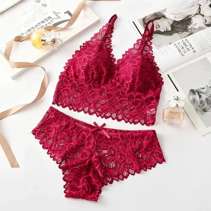 French Style Lace Lingerie Set Wireless Bra Panty Sexy Breathable Thin Cup Underwear Comfortable Gathered Intimate Wear — image 11