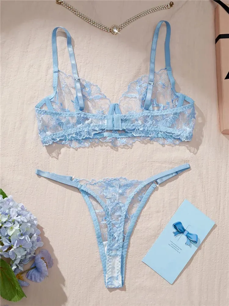 Transparent Underwear Thong New Fashion Sexy Lingerie Set Embroidery Romantic Bra Brief Set Lace See Through Blue Exotic Sets — image 2