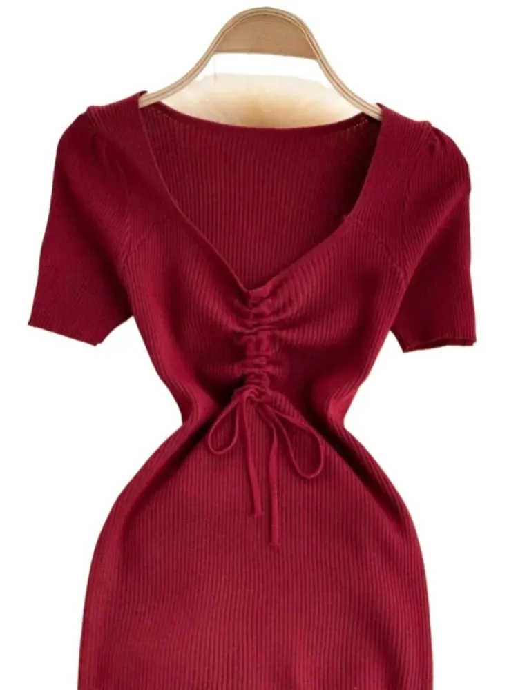 Women Purple Ribbed Knit Dress V Neck Lace Up Front Puff Sleeve Bodycon Mini Slim Fit Sexy Casual Party Korean Style All Season — image 6