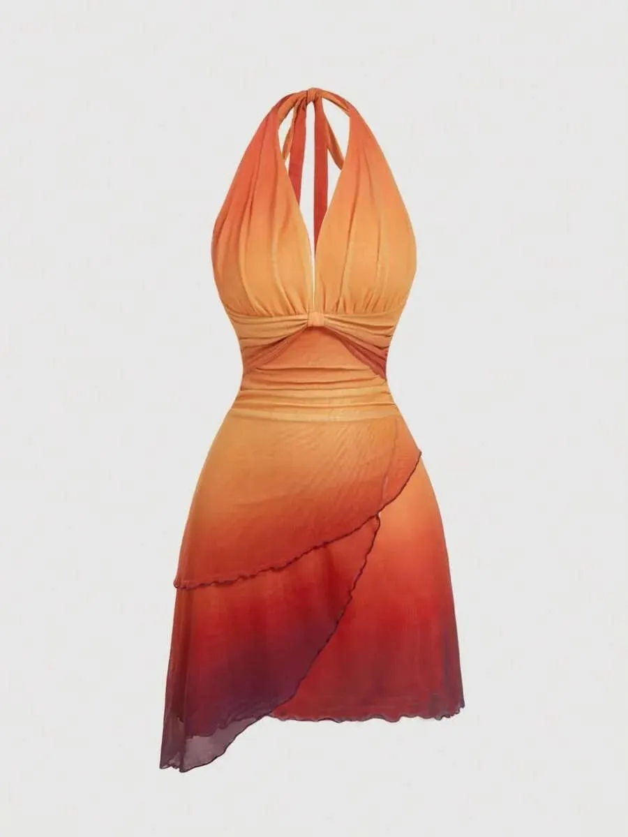 Gradient Bow Tie Strap Asymmetrical Backless Spaghetti Strap Dress — image 2