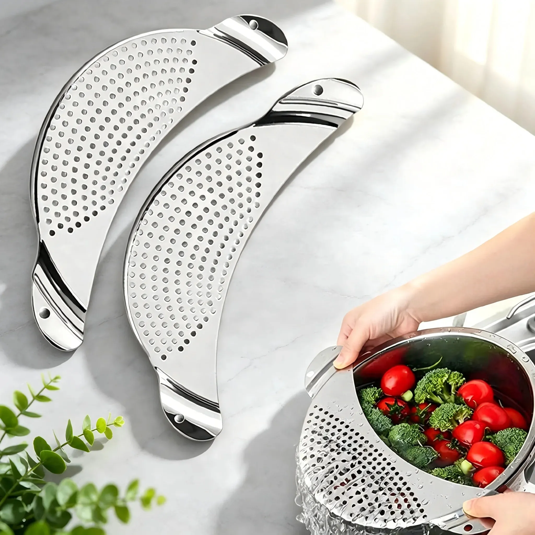 1/2Pcs Pot Strainer Set Stainless Steel Universal Fit Dishwasher Safe Colander for Fruit Veggie Pasta Home Kitchen Cooking — image 1