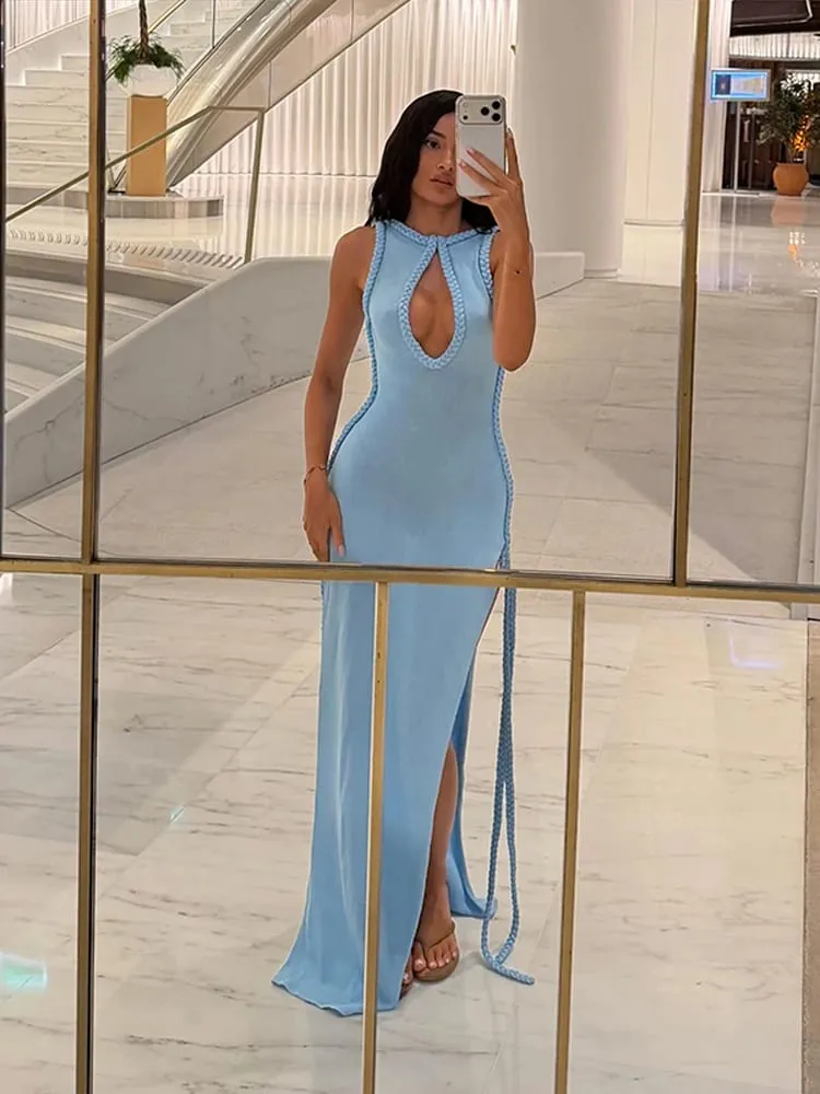 Women Elegant Maxi Dress Keyhole Neckline Braided Trim Sleeveless Backless High Slit Hem Solid Dresses 2026 Summer Fashion Gown — image 4