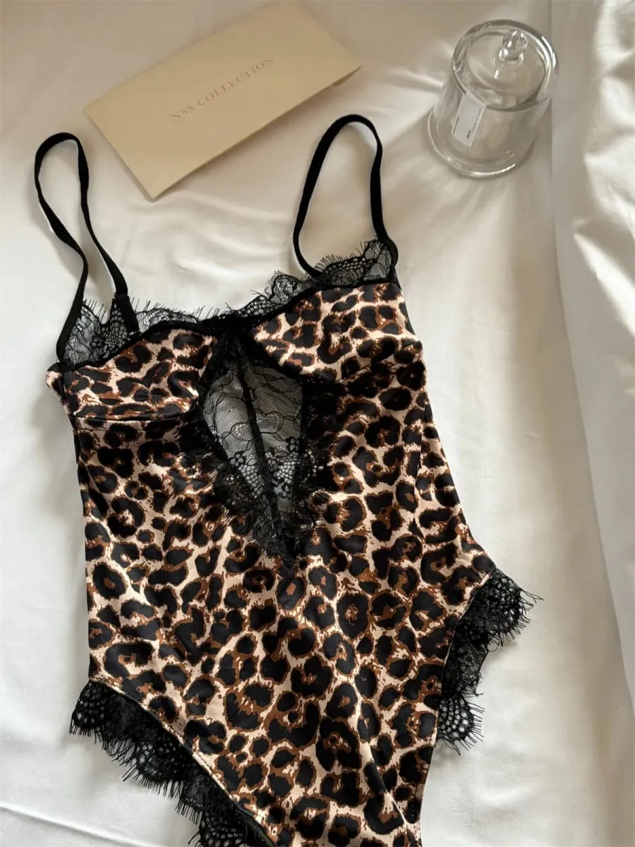 Sexy Leopard Print Halter Bodysuit for Women Thin Stretch Lace Lingerie One-Piece with Hanging Neck — image 7