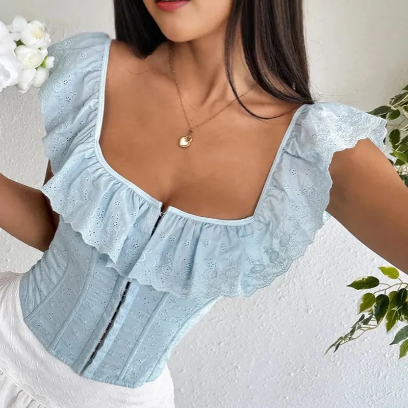 White Ruffles Fishbone Lace-up Tops Women Sexy Square Neck Sleeveless Backless Bodycon Cropped Tops Summer Party Wear Tank Vest