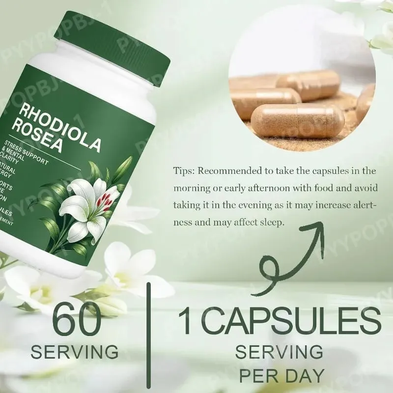 500mg Rhodiola Rosea Capsules Natural Herbaceous Plants Supplement for Daily Stress Support & Energy Balance 60 Count Per Bottle — image 5