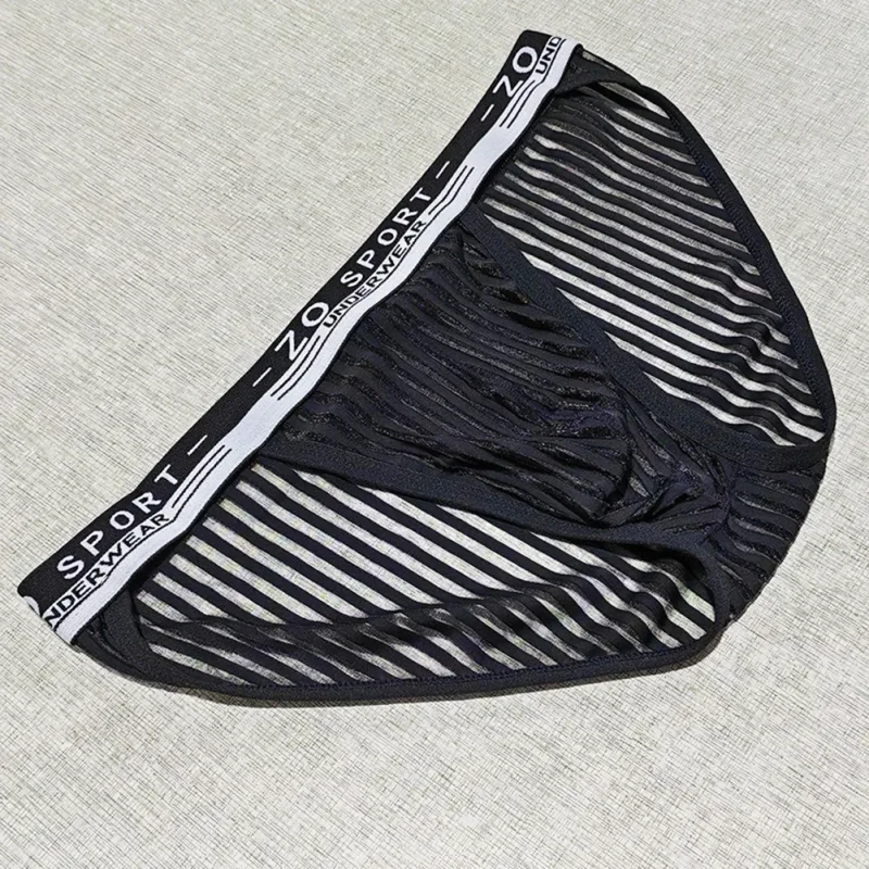 Striped Men's High Slit Sexy Pouch Underwear Ice Silk See Through Comfortable Male Triangle Briefs Man Underclothes — image 5