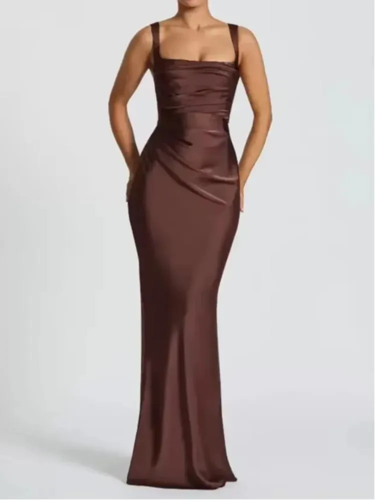 Elegant Scarf Collar Sling Women Summer Dress Solid Sleeveless Off-shoulder Slim Maxi Dresses 2026 Lady Chic Evening Party Gown — image 3