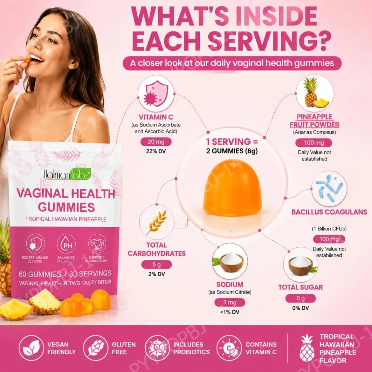 HolmanLabs Vaginális Egészségügyi gumicukor C-vitaminnal és probiotikumokkal támogatja a hüvelyflórát, segít kiegyensúlyozni a pH-szintet 60 gumicukor — image 4